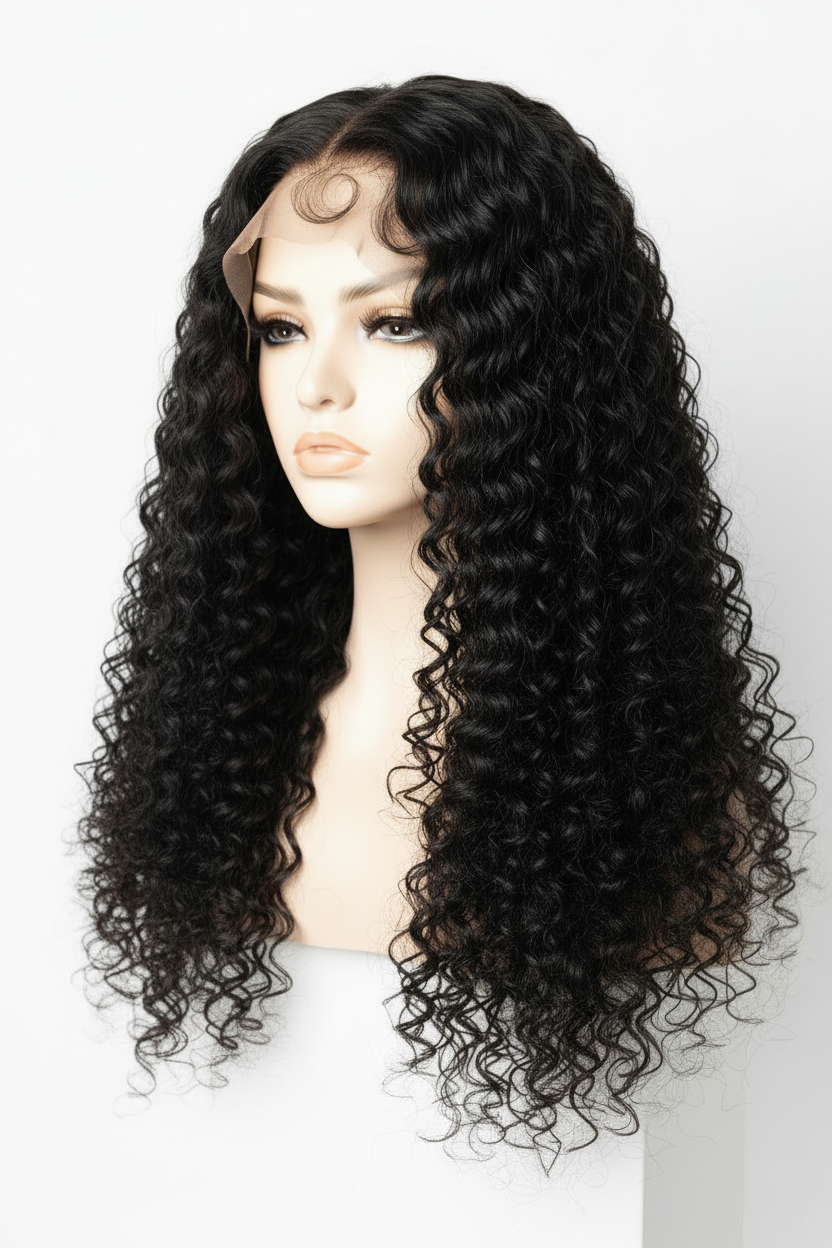 30 Inch Deep Wave Wig - Extra Long on White Mannequin