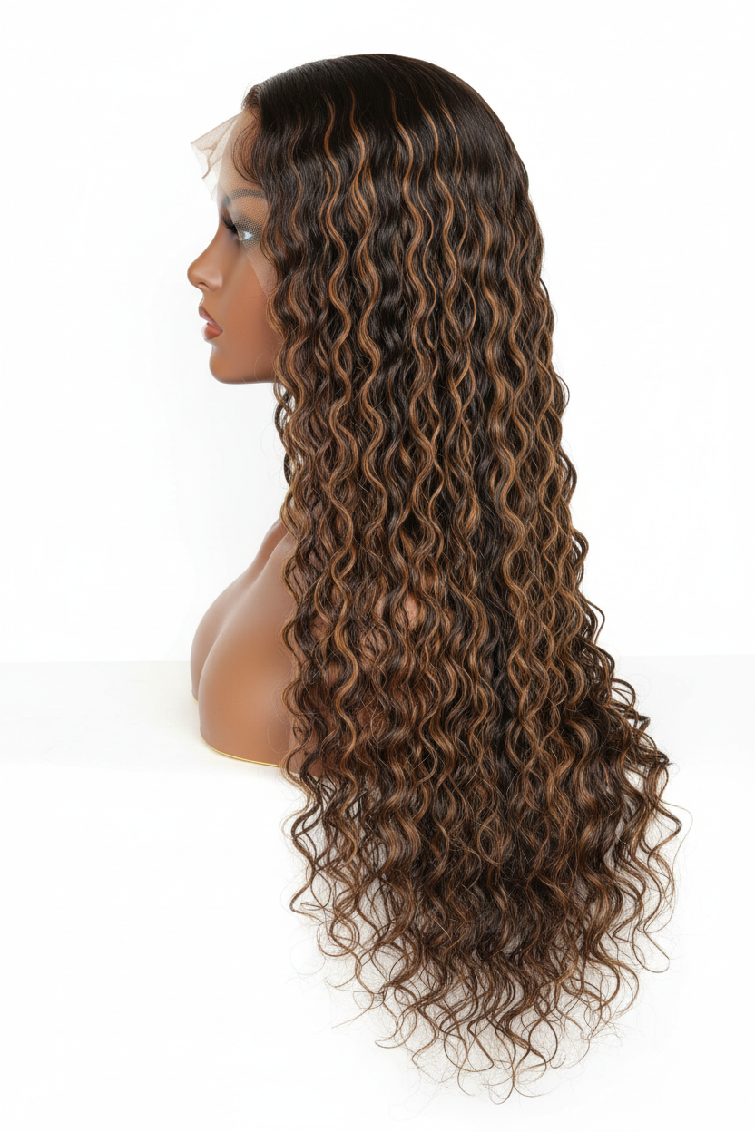 30 Inch Deep Wave Wig Color 4/27 - side profile on brown mannequin