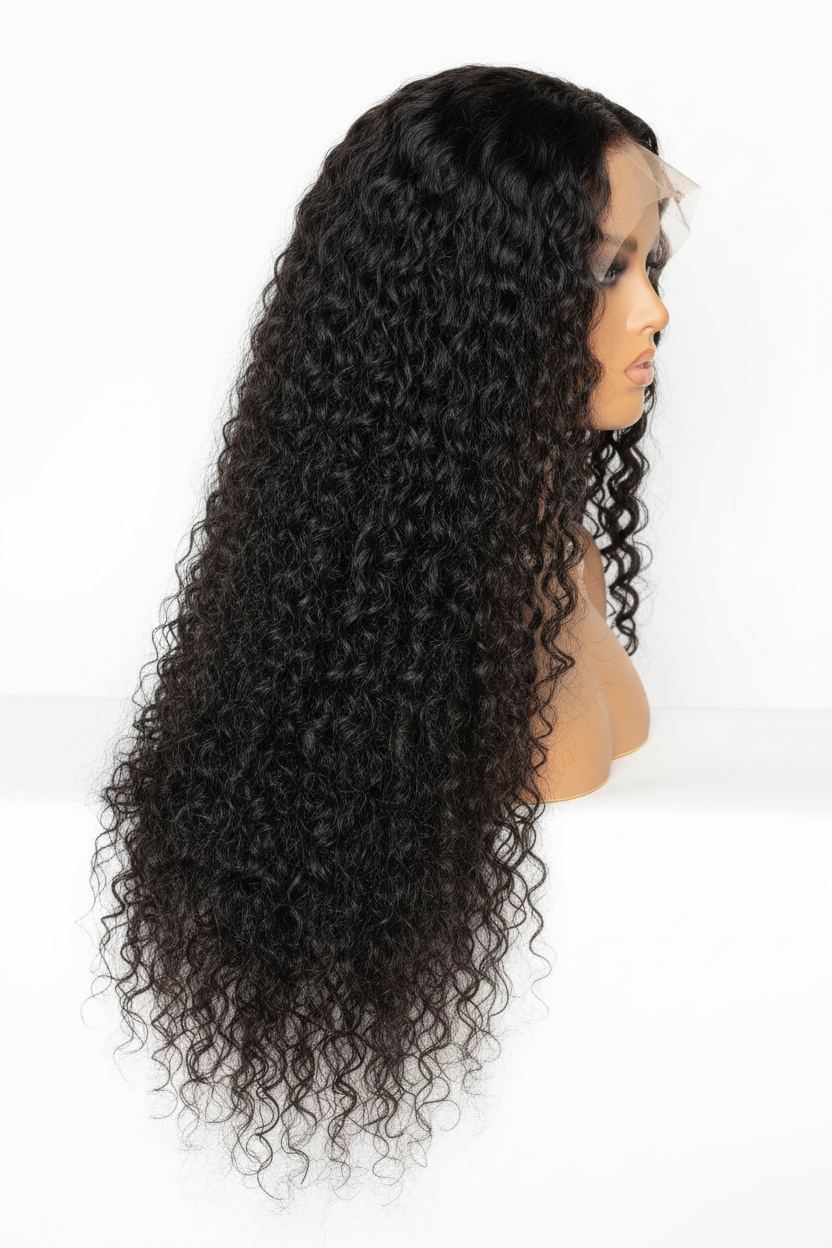 30 Inch Water Wave Wig Natural Color - side profile on light brown mannequin