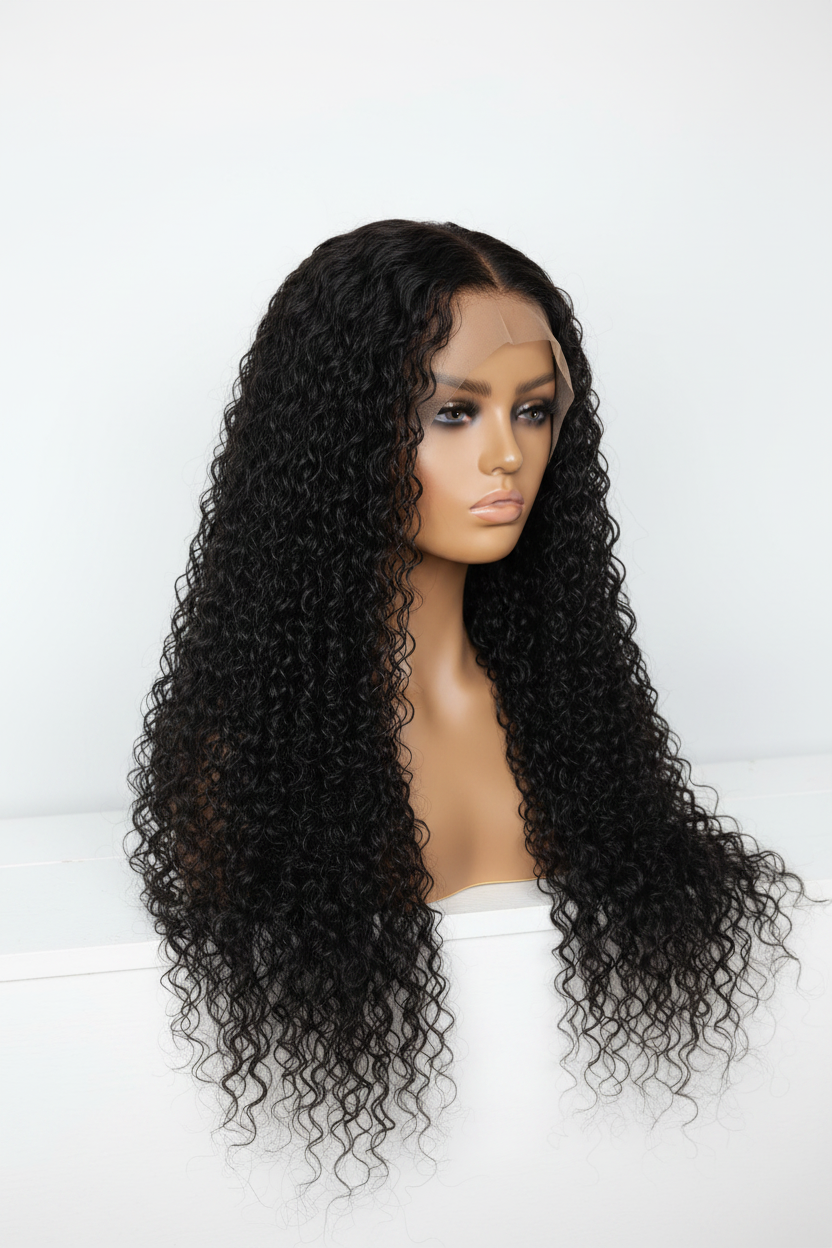 30 Inch Water Wave Wig Natural Color - three quarter view on light brown mannequin