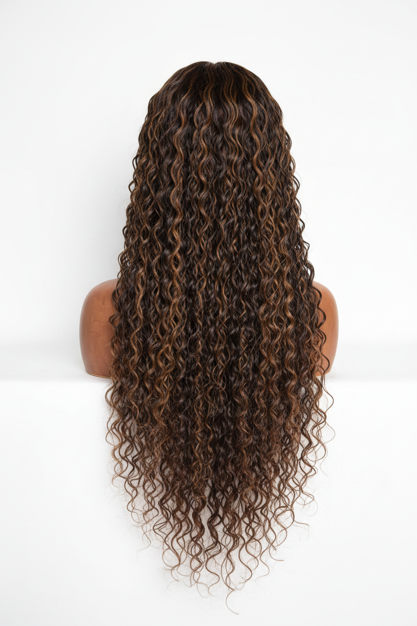 30 Inch Deep Wave Wig Color 4/27 - back view on brown mannequin
